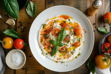 Wall Mural - Fried eggs with tomatoes and herbs on a wooden table, top view