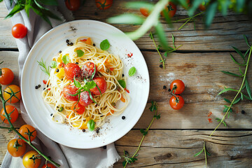 Wall Mural - Spaghetti with tomato sauce and herbs on a dark wood background