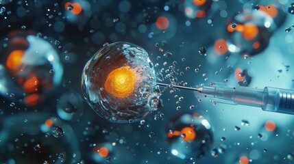 Poster - 3D Illustration of In Vitro Fertilization. Fertilized egg cell and needle realistic