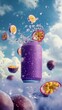 Purple floating Soda Can Surrounded by Passionfruit with water splash