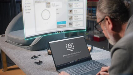 Artisan uploads pictures of stylish wooden chair to online store using laptop and holographic augmented reality display. Small business owner adds photos of handmade furniture to marketplace for sale.