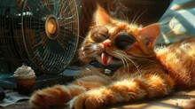 An Orange Cat With Sunglasses Relaxes By An Electric Fan On A Sunny Day, With An Ice Cream Cone Nearby.
