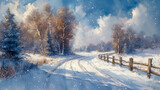 Watercolor landscape painting of winter scene
