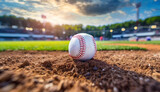 Fototapeta Sport - Leather baseball lying on the ground on a baseball field. Professional active sport. Blurred arena