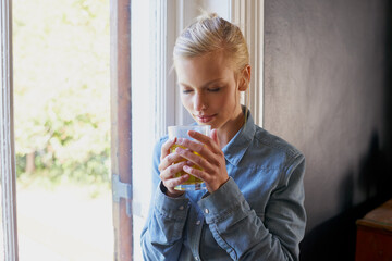 Canvas Print - Relax, smelling and woman with coffee in a house for morning drink, caffeine or comfort beverage in her home. Tea, aroma and female person chilling in a living room of day off, weekend or vacation