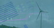 Image of multiple graphs, map and database over low angle view of windmill against clear sky