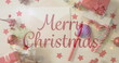 Image of christmas greetings text over envelope, christmas presents and decorations