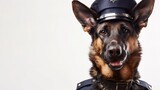 Fototapeta Natura - Adorable police dog in uniform ready to serve isolated backdrop with space for messages