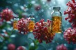 A superimposed conceptual image depicting a vivid virus model with floating vaccine vials amid flora