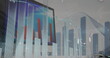 Image of statistical data processing over computer against view of tall buildings