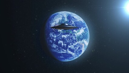 Wall Mural - flying saucer ufo heading planet earth, outer space view alien invasion sci-fi concept,4k, 2024