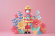 FIreman with flowers and leaves on the pink background, 3d rendering illustration
