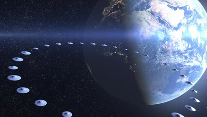 Wall Mural - armada fleet of flying saucer ufo's in ring formation heading earth alien invasion sci-fi concept,4k