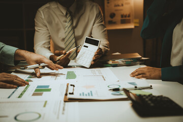 Co working conference, Business team meeting present, investor colleagues discussing new plan financial graph data on office table with laptop and digital tablet, Finance, accounting, investment.