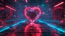 Digital Heart Beating Encapsulated By A Neon Grid. A Heart In A Neon Blue And Red Background