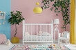 baby bed with flowers and botanical elements, 3d rendering illustration on the light pink background