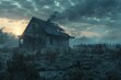 A zombie horde surrounding a lone, dilapidated farmhouse at dusk