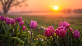 Fototapeta  - Tulipany na tle zachodzącego słońca - Generative AI