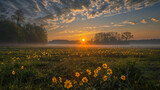 Fototapeta Fototapeta z niebem - Majestatyczna łąka na tle zachodu słońca - Generative AI