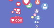 Digital image of social media icons moving upwards in the screen and a heart icon with increasing nu