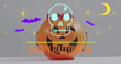 Image of happy halloween text with ghosts over orange pumpkin bucket with sweets