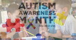 Image of colourful puzzle pieces and autism text over kids friends