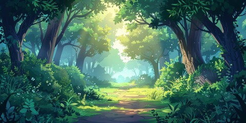 Wall Mural - A cartoon style forest background with trees and plants. 