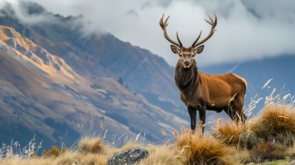 stunning red deer stag on tussock grass ridge in queenstown, new zealand - majestic wildlife photogr