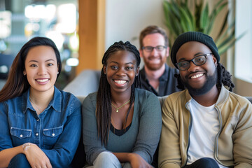 Wall Mural - Joyful group of multicultural friends sharing a happy moment indoors