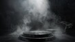 Dramatic dark black podium with a smoke in the background. 3d display product abstract minimal scene. Empty platform with fog or smoky dust in the background. Concrete wallpaper. Studio and products.