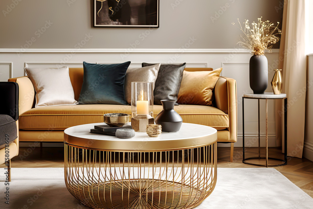 Art deco interior design of modern living room, home. Golden coffee ...
