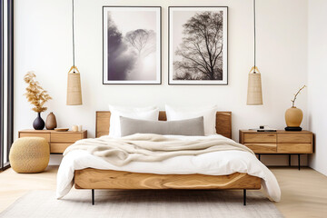 Scandinavian interior design of modern bedroom. Natural wood bed and bedside cabinets against wall with two poster frames.