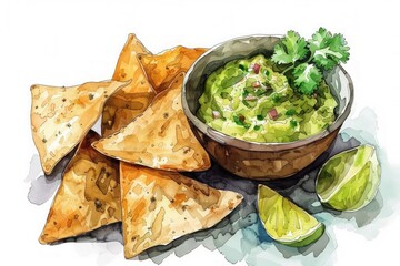 Wall Mural - Hand-drawn pastel digital watercolour paint sketch Spicy homemade guacamole with crispy tortilla chips garnished with fresh cilantro isolated on a white background in a Cinco de Mayo celebration 