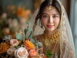 Portrait of a beautiful Asia bride with a bouquet of flowers.