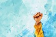 Hand-drawn pastel digital watercolour paint sketch Labor union member raising a clenched fist in solidarity symbolizing International Workers Day against a background with empty space for text 