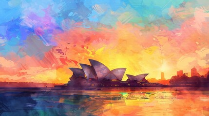 Poster - Hand-drawn pastel digital watercolour paint sketch he Sydney Opera House stands tall silhouetted against a vibrant sunset sky isolated on a gradient background 