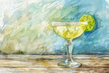 Poster - Hand-drawn pastel digital watercolour paint sketch Glistening margarita cocktail embellished with a lime wheel on a rustic wooden surface capturing the essence of Cinco de Mayo celebration 