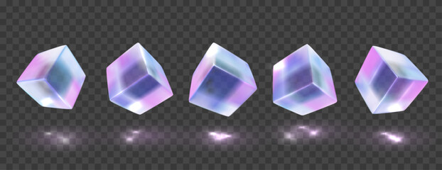 Wall Mural - holographic 3d crystal glass cubes isolated on transparent black background. vector realistic transp