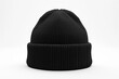 A blank black beanie hat is showcased against a pristine white background for design mockup purposes.