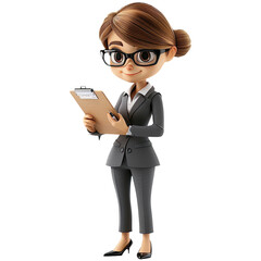 Wall Mural - 3D Cute cartoon businesswoman character. Cartoon businesswoman with clipboard on transparent background. 