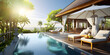 Beautiful View Swimming Pool Sea Sunlight ,A beautiful luxury beach front villa with an outdoor pool sunset