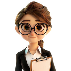 Wall Mural - 3D Cute cartoon businesswoman character. Cartoon businesswoman with clipboard on transparent background. 