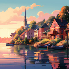 Poster - A peaceful riverside town with colorful houses.