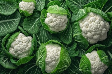 Fresh Cauliflower Heads With Green Leaves Close-Up at a Farmers Market