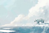Hand-drawn pastel digital watercolour paint sketch A lone polar bear balances on a drifting ice floe amidst the azure Arctic tundra providing a stark contrast against the pristine white landscape 