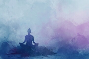 Canvas Print - Hand-drawn pastel digital watercolour paint sketch A calm figure meditates isolated on a gradient background of calming blues representing emotional tranquility during Mental Health Awareness Month