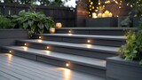 Fototapeta Zwierzęta - Ash grey composite decking: two-tiered design with deck lights - perfect for landscape gardening projects