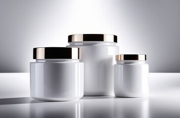 Light jars without inscriptions for skin care on a light background in backlight with space for text