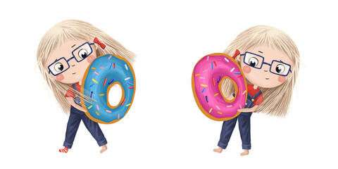 Cute little girl with chocolate donut- letter O. Tasty set on white background. Learn alphabet clip art collection