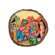 Christian Vintage Illustration Of The Raising Of Lazarus. Golden Religious Image In Byzantine Style On White Background